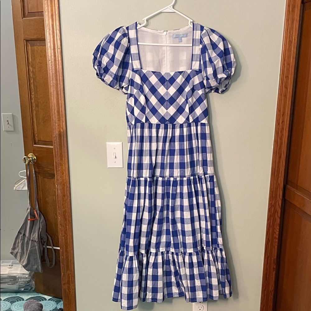 Blue and White Gingham Puff-Sleeve Dress, Square Neck